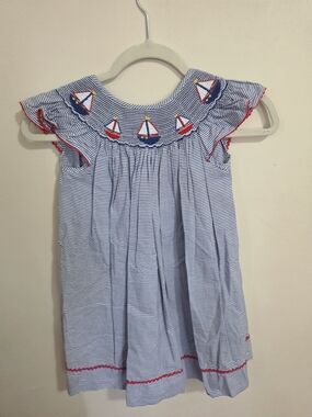 Blue Stripe Smocked Sailboat Girls' Casual Dress
